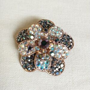 VTG Flower Brooch Pin White Black Rhinestone Iridescent Copper Costume Jewelry